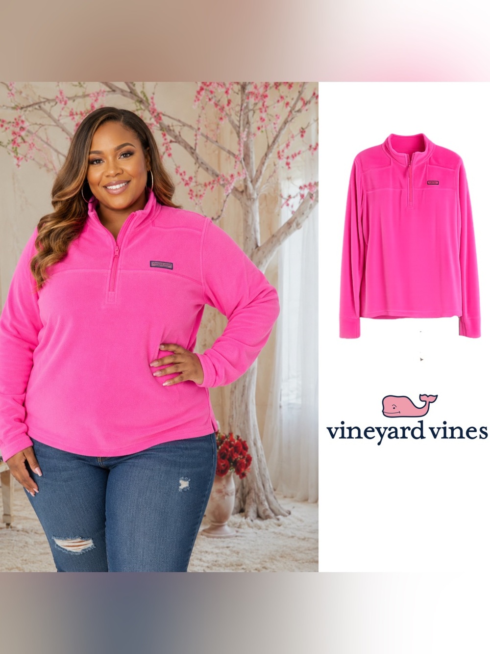 NEW Vineyard Vines Bright Pink Quarter-Zip Fleece Pullover